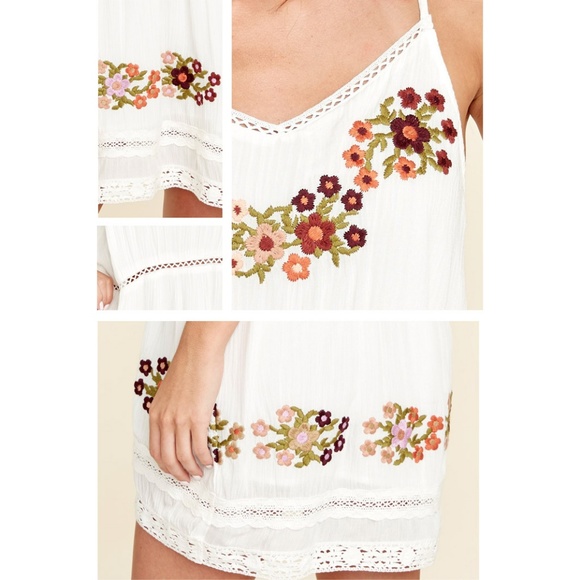 Ivory White Floral Embroidered Crochet Trim Dress - Picture 5 of 8